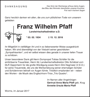 Traueranzeige von Franz Wilhelm Pfaff von Trauerportal Rhein Main Presse