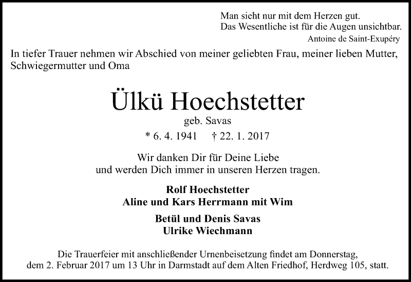  Traueranzeige für Ülkü Hoechstetter vom 28.01.2017 aus Trauerportal Echo Online