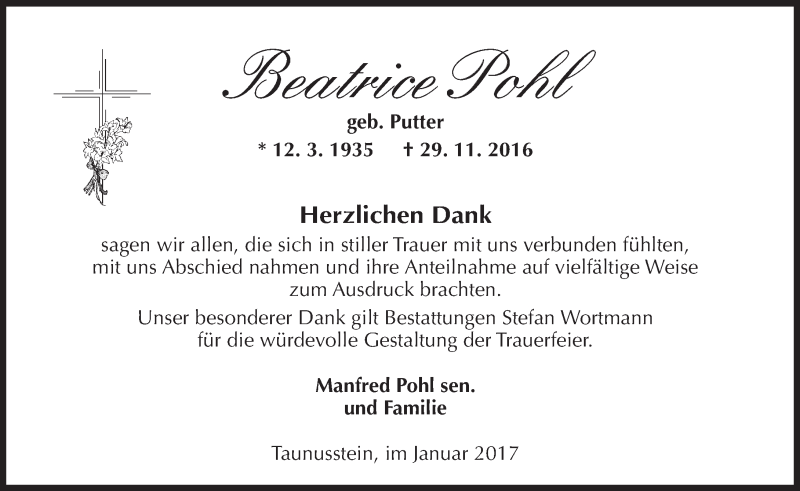  Traueranzeige für Beatrice Pohl vom 21.01.2017 aus Trauerportal Rhein Main Presse