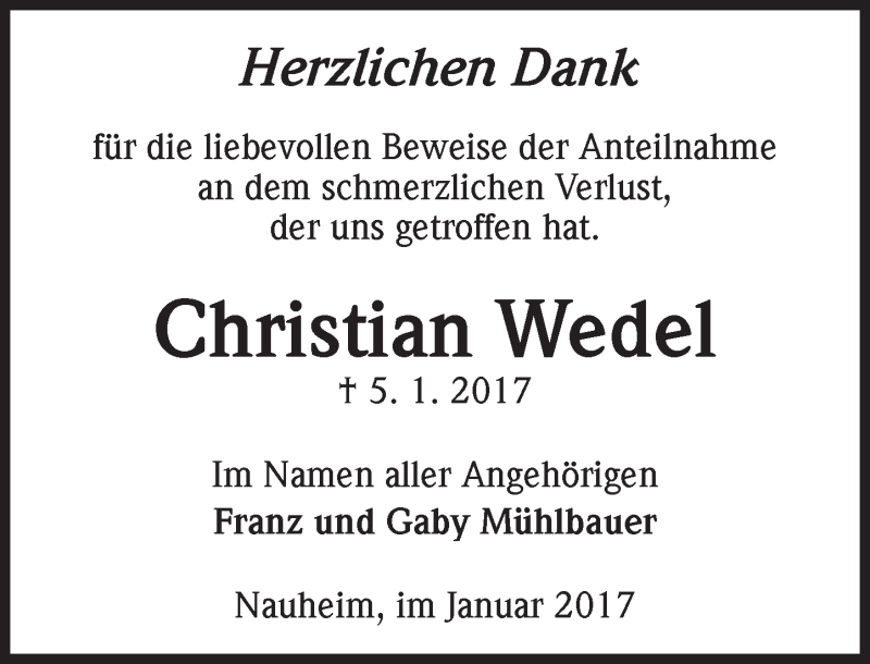  Traueranzeige für Christian Wedel vom 21.01.2017 aus Trauerportal Rhein Main Presse