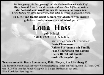 Traueranzeige von Lona Hass von Trauerportal Rhein Main Presse
