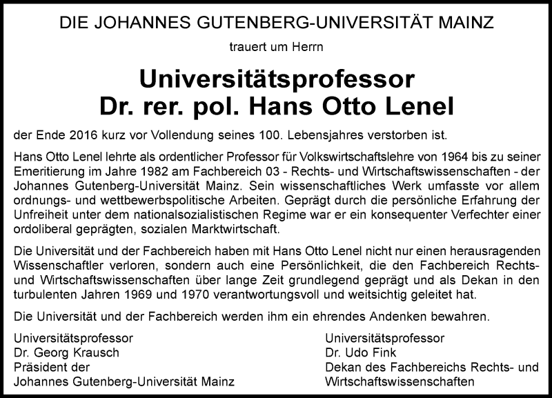  Traueranzeige für Hans Otto Lenel vom 14.01.2017 aus Trauerportal Rhein Main Presse