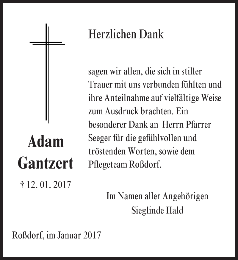  Traueranzeige für Adam Gantzert vom 28.01.2017 aus Trauerportal Echo Online