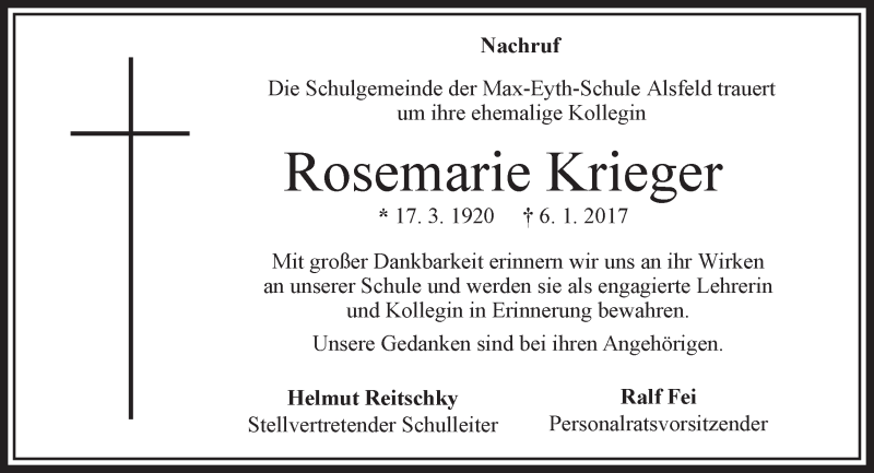  Traueranzeige für Rosemarie Krieger vom 18.01.2017 aus VRM Trauer