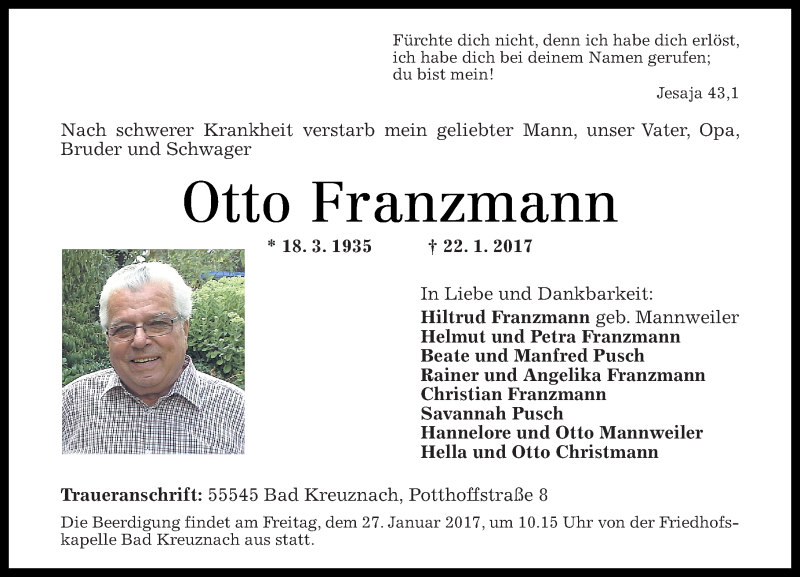  Traueranzeige für Otto Franzmann vom 25.01.2017 aus Trauerportal Rhein Main Presse