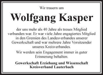 Traueranzeige von Wolfgang Kasper von VRM Trauer