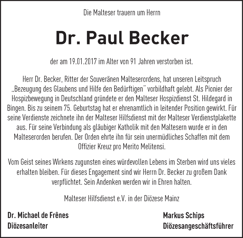  Traueranzeige für Paul Becker vom 31.01.2017 aus Trauerportal Rhein Main Presse