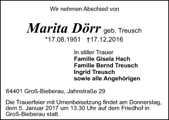 Traueranzeige von Marita Dörr von Trauerportal Echo Online