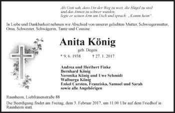 Traueranzeige von Anita König von Trauerportal Rhein Main Presse