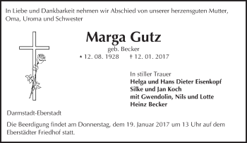 Traueranzeige von Marga Gutz von Trauerportal Echo Online