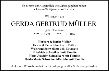 Traueranzeige von Gerda Gertrud Müller von Trauerportal Echo Online