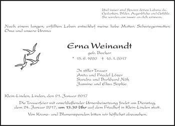Traueranzeige von Erna Weinandt von  Gießener Anzeiger