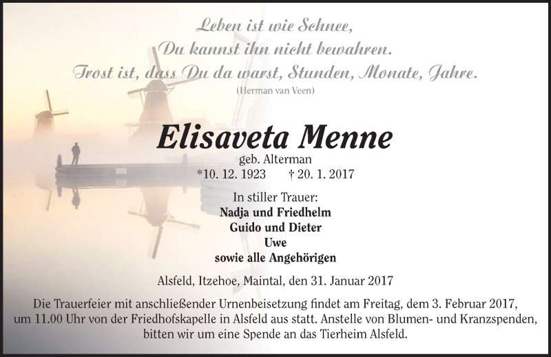  Traueranzeige für Elisaveta Menne vom 31.01.2017 aus VRM Trauer