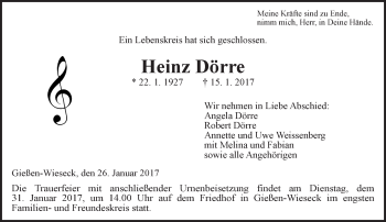 Traueranzeige von Heinz Dörre von  Gießener Anzeiger