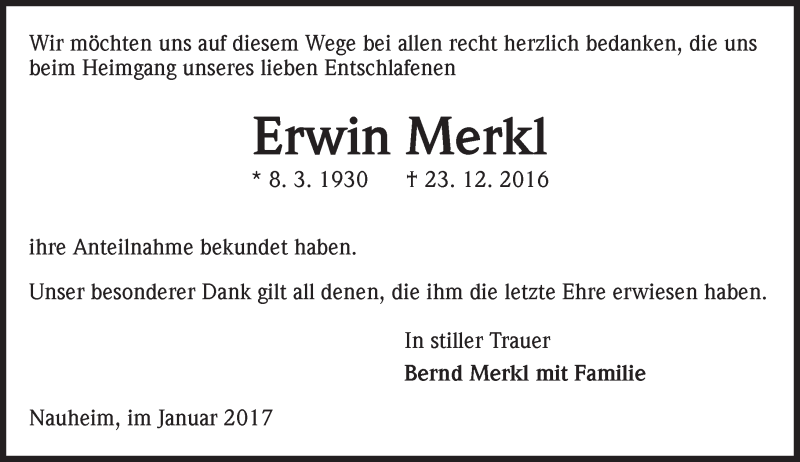  Traueranzeige für Erwin Merkl vom 14.01.2017 aus Trauerportal Rhein Main Presse