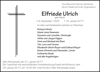 Traueranzeige von Elfriede Ulrich von  Kreisanzeiger