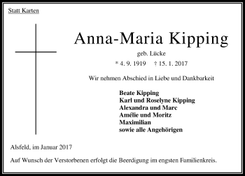 Traueranzeige von Anna-Maria Kipping von VRM Trauer