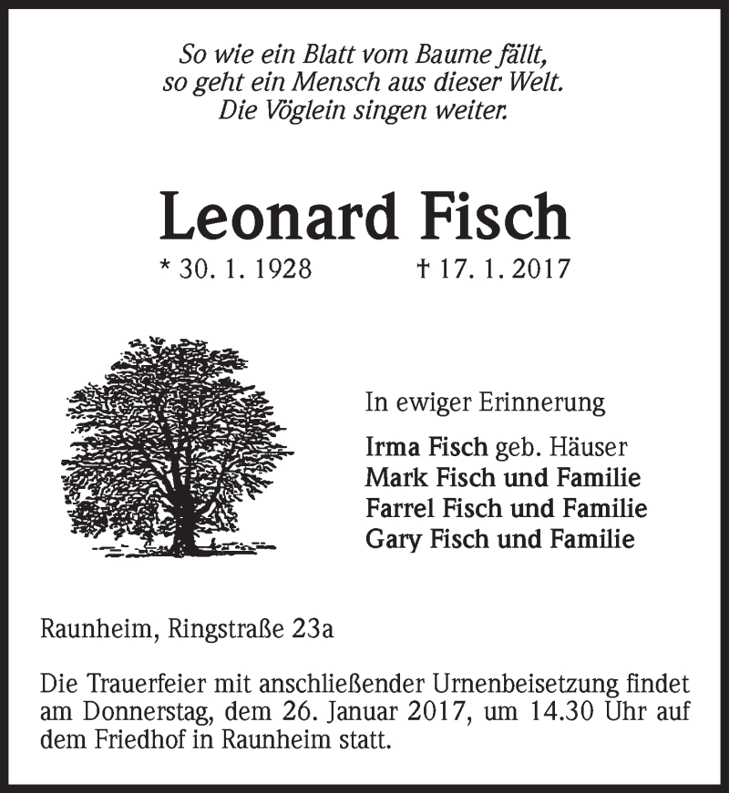  Traueranzeige für Leonard Fisch vom 21.01.2017 aus Trauerportal Rhein Main Presse