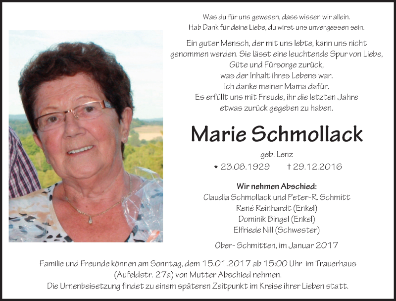  Traueranzeige für Marie Schmollack vom 07.01.2017 aus  Kreisanzeiger