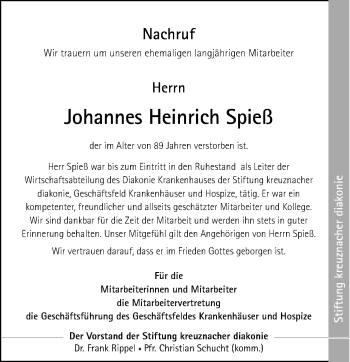 Traueranzeige von Johannes Heinrich Spieß von Trauerportal Rhein Main Presse