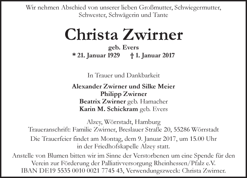  Traueranzeige für Christa Zwirner vom 05.01.2017 aus Trauerportal Rhein Main Presse