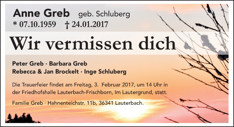  Traueranzeige für Anne Greb vom 30.01.2017 aus VRM Trauer