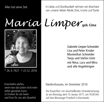 Traueranzeige von Maria Limper von Trauerportal Echo Online