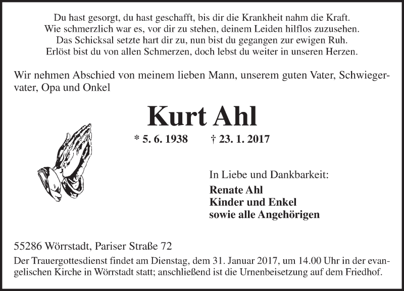  Traueranzeige für Kurt Ahl vom 26.01.2017 aus Trauerportal Rhein Main Presse
