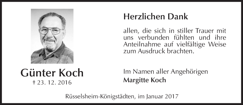  Traueranzeige für Günter Koch vom 21.01.2017 aus Trauerportal Rhein Main Presse