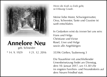 Traueranzeige von Annelore Neu von  Gießener Anzeiger