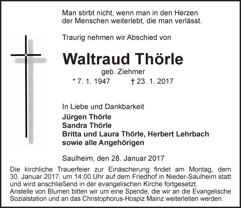  Traueranzeige für Waltraud Thörle vom 28.01.2017 aus Trauerportal Rhein Main Presse