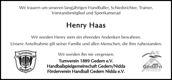 Traueranzeige von Henry Haas von  Kreisanzeiger