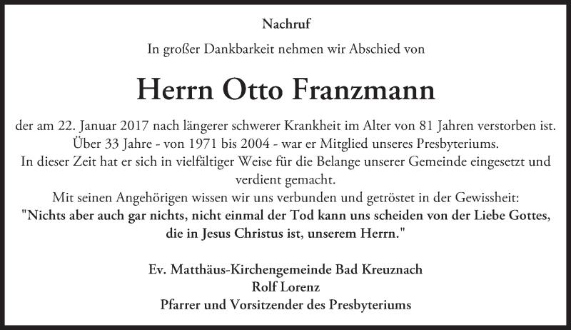  Traueranzeige für Otto Franzmann vom 27.01.2017 aus Trauerportal Rhein Main Presse