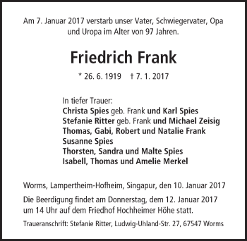 Traueranzeige von Friedrich Frank von Trauerportal Rhein Main Presse