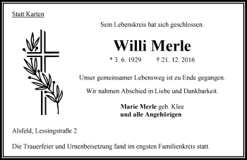 Traueranzeige von Willi Merle von VRM Trauer