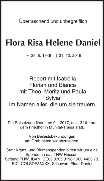 Traueranzeige von Flora Risa Helene Daniel von Trauerportal Echo Online