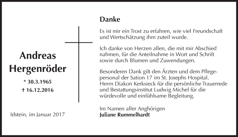  Traueranzeige für Andreas Hergenröder vom 14.01.2017 aus Trauerportal Rhein Main Presse