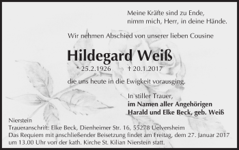 Traueranzeige von Hildegard Weiß von Trauerportal Rhein Main Presse