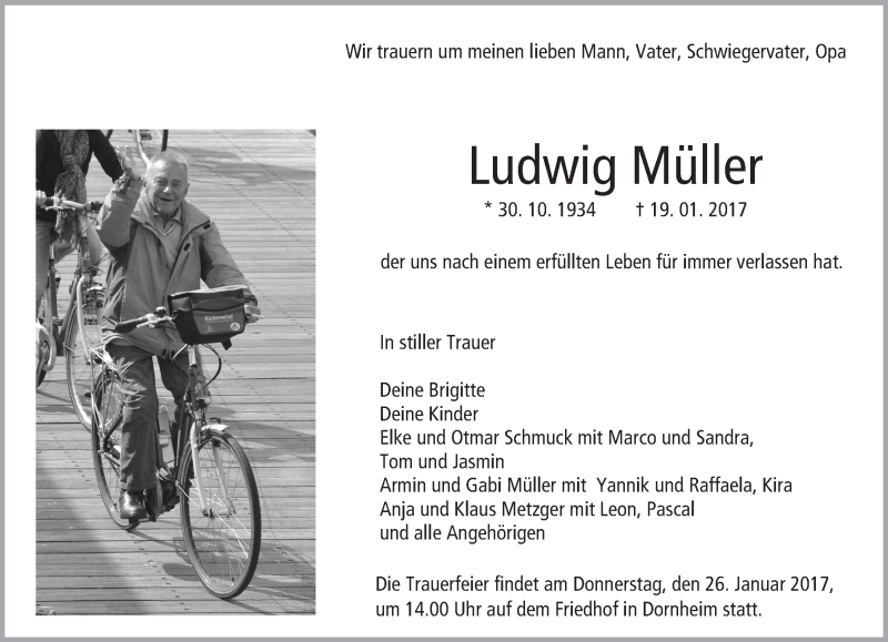  Traueranzeige für Ludwig Müller vom 24.01.2017 aus Trauerportal Echo Online