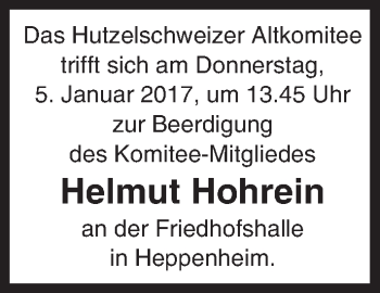 Traueranzeige von Helmut Hohrein von Trauerportal Echo Online