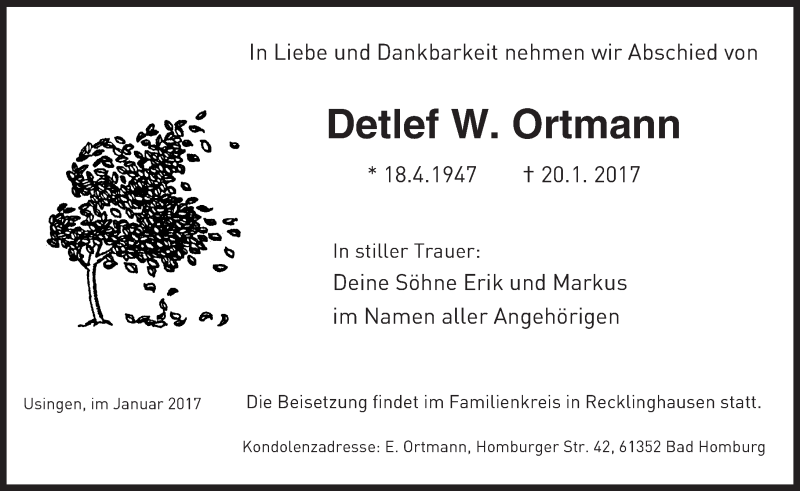  Traueranzeige für Detlef Ortmann vom 24.01.2017 aus  Usinger Anzeiger