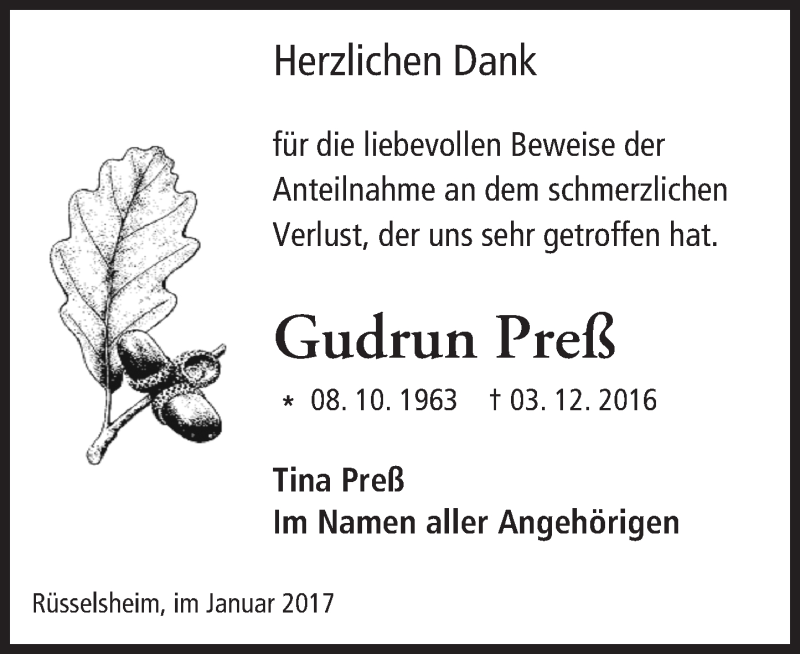  Traueranzeige für Gudrun Preß vom 07.01.2017 aus Trauerportal Rhein Main Presse