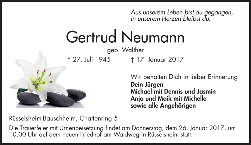  Traueranzeige für Gertrud Neumann vom 21.01.2017 aus Trauerportal Rhein Main Presse