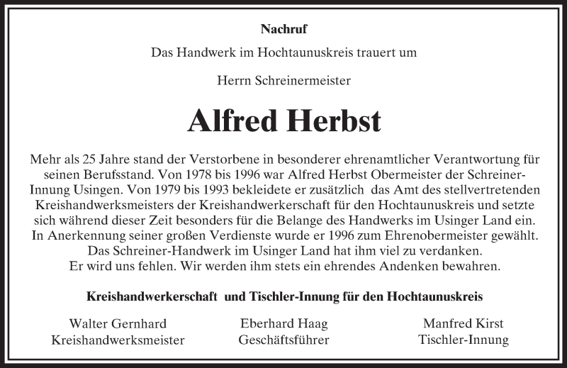  Traueranzeige für Alfred Herbst vom 11.01.2017 aus  Usinger Anzeiger