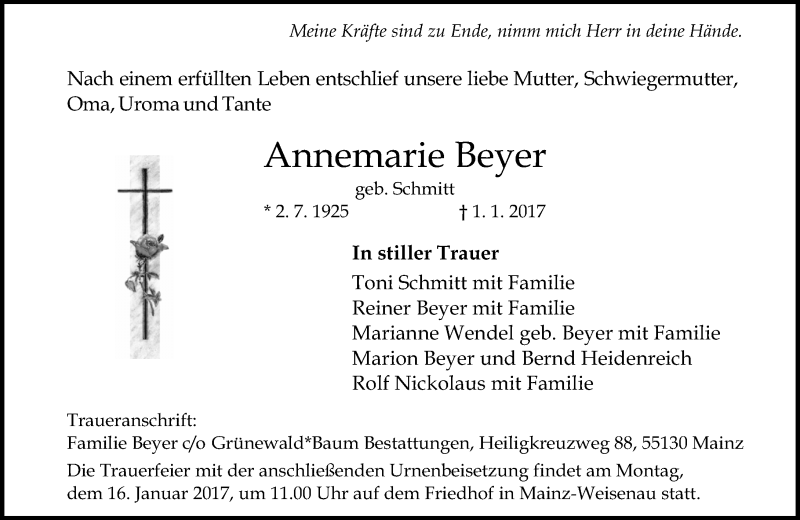  Traueranzeige für Annemarie Beyer vom 07.01.2017 aus Trauerportal Rhein Main Presse