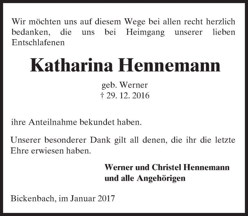  Traueranzeige für Katharina Hennemann vom 28.01.2017 aus Trauerportal Echo Online