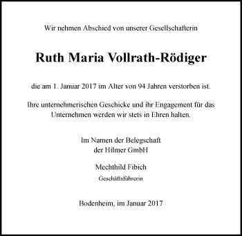 Traueranzeige von Ruth Maria Vollrath-Rödiger von Trauerportal Rhein Main Presse