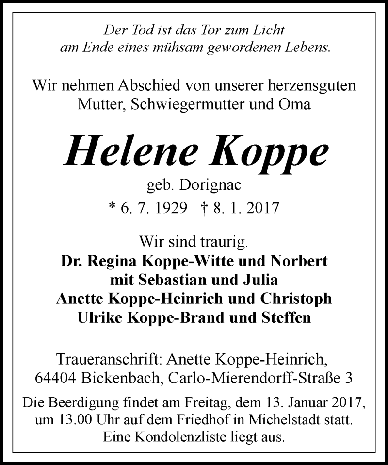  Traueranzeige für Helene Koppe vom 11.01.2017 aus Trauerportal Echo Online