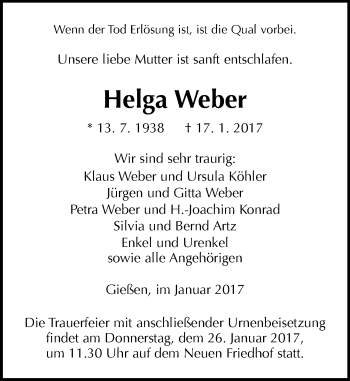 Traueranzeige von Helga Weber von  Gießener Anzeiger