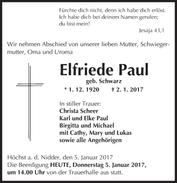 Traueranzeige von Elfriede Paul von  Kreisanzeiger
